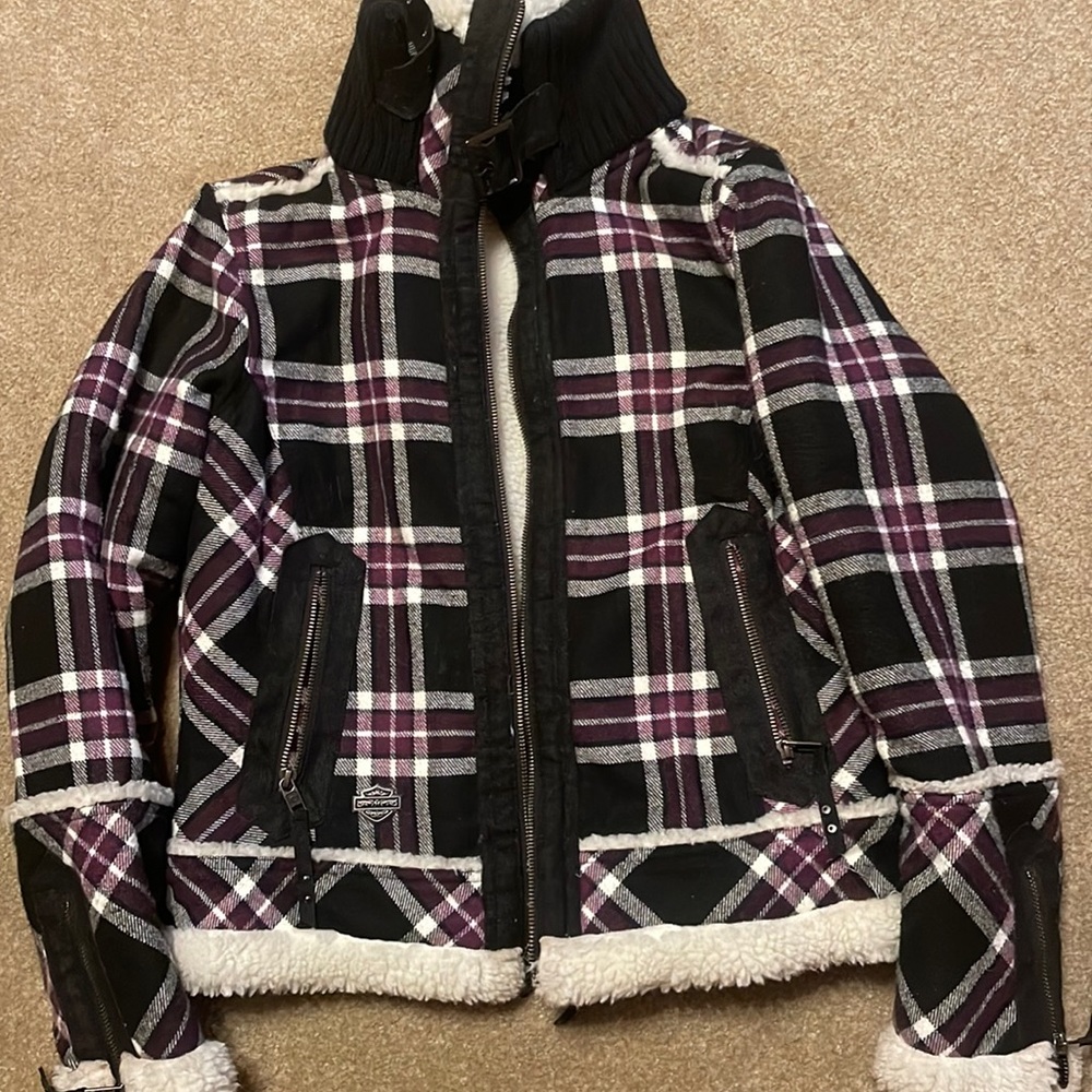Harley-Davidson Black, White & Purple Plaid Sherpa-Lined Jacket